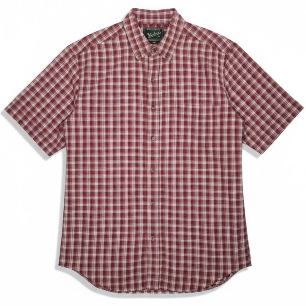 WOOLRICH Plaid Shirt DRK Button Down Collar Short‎ Sleeves Red Cotton Men Medium